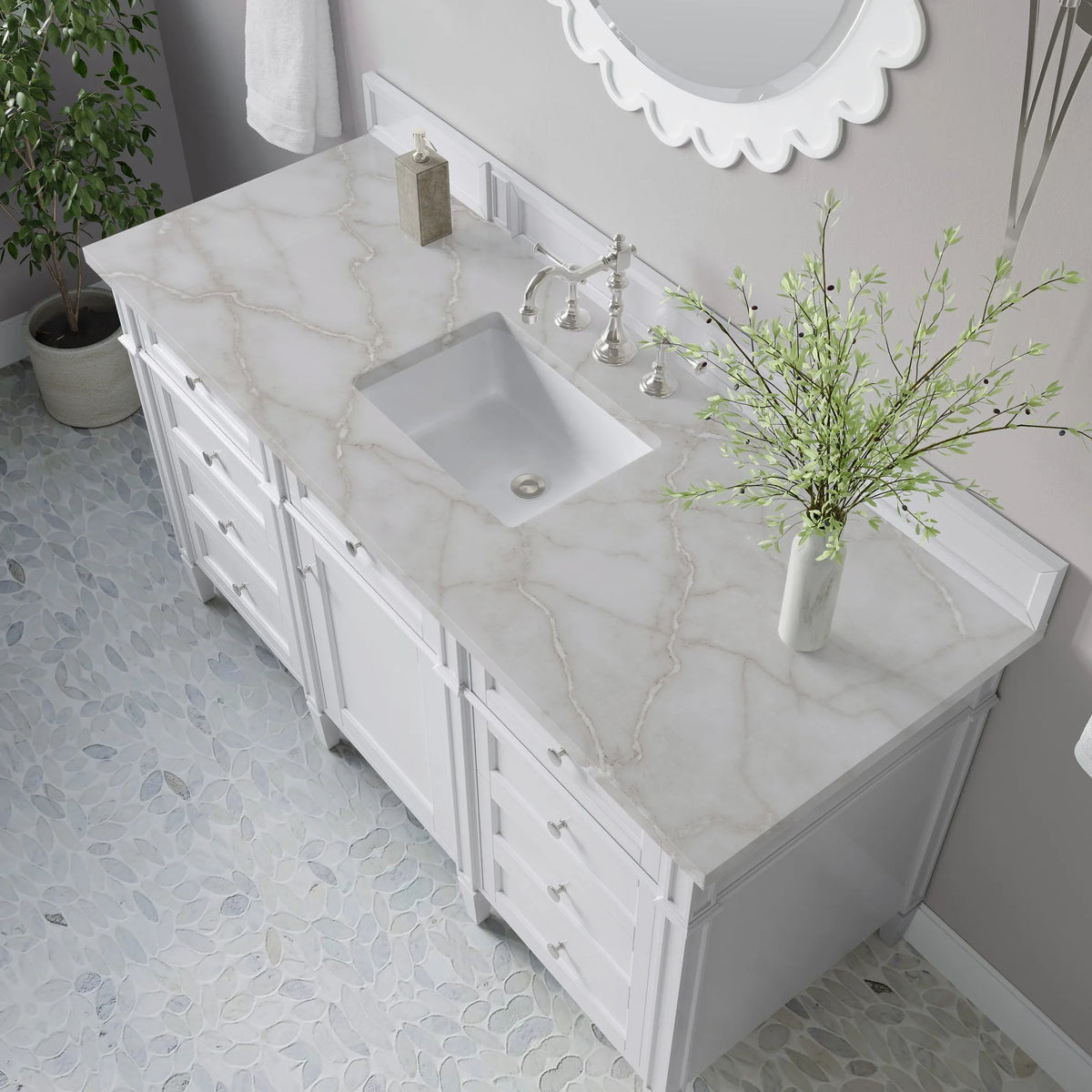 Brittany 60" Single Vanity, Bright White w/ 3 CM Victorian Silver Silestone Top