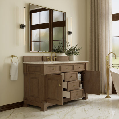 Renovate for Less Atlanta Brookfield 60" Single Vanity, Pecan, w/ 3 CM Tajnar Eclos Top w/FreePower Wireless Charger