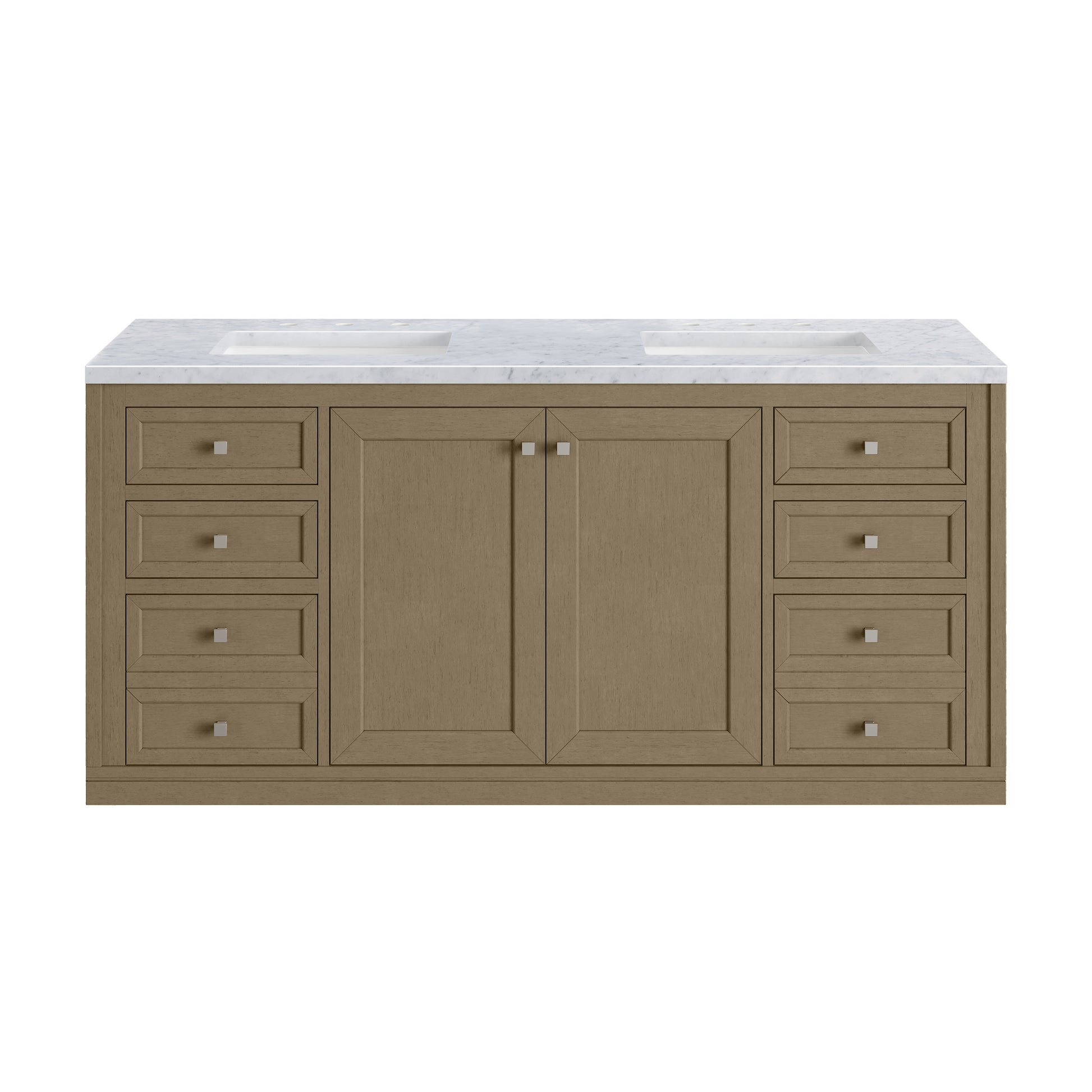 Renovate for Less Atlanta Chicago 60" Double Vanity, Walnut Whisper, w/ 3 CM Carrara Marble Top