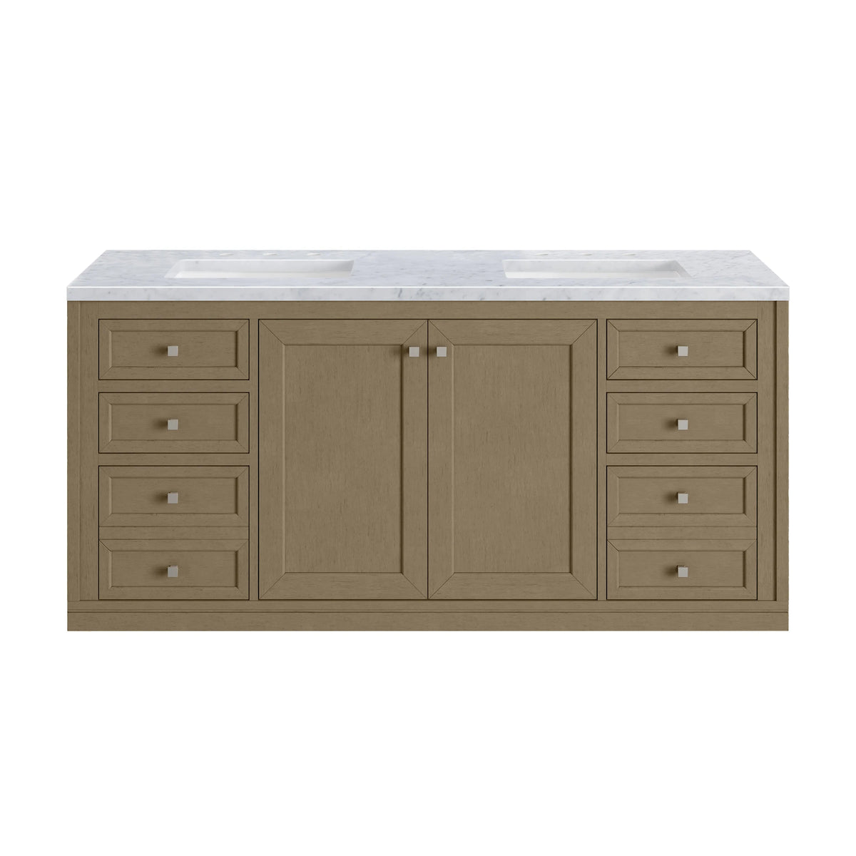 Chicago 60" Double Vanity, Walnut Whisper, w/ 3 CM Carrara Marble Top
