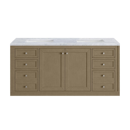 Chicago 60" Double Vanity, Walnut Whisper, w/ 3 CM Carrara Marble Top