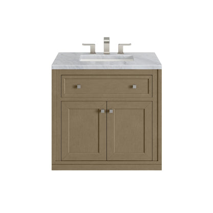 Chicago 30" Single Vanity, Walnut Whisper, w/ 3 CM Carrara Marble Top