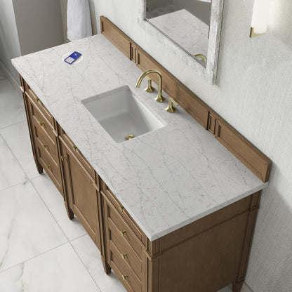 Renovate for Less Atlanta Brittany 60" Single Vanity, Pecan w/ 3 CM Eternal Jasmine Pearl Silestone Top w/FreePower Wireless Charger