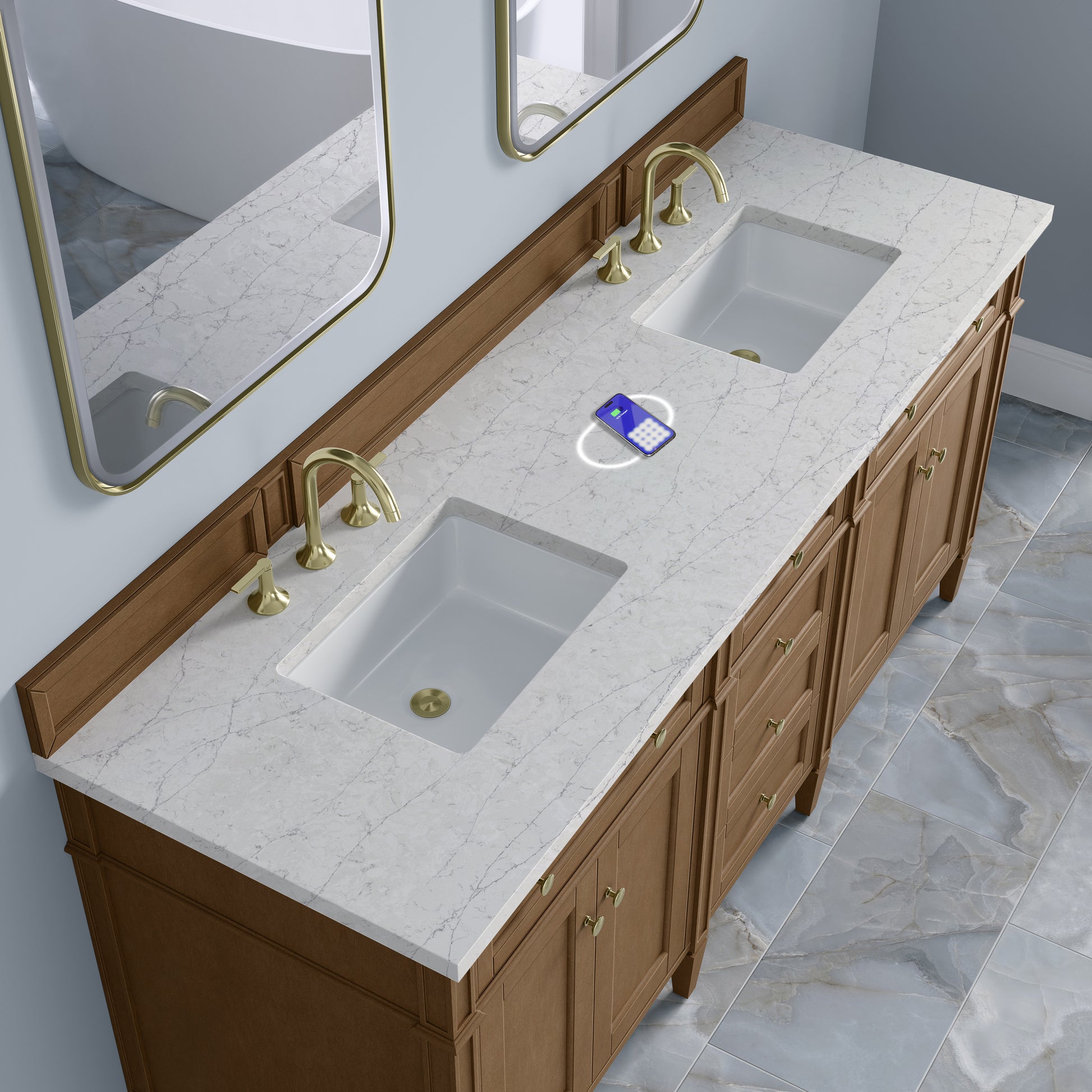 Renovate for Less Atlanta Brittany 72" Double Vanity, Pecan w/ 3 CM Eternal Jasmine Pearl Silestone Top w/FreePower Wireless Charger