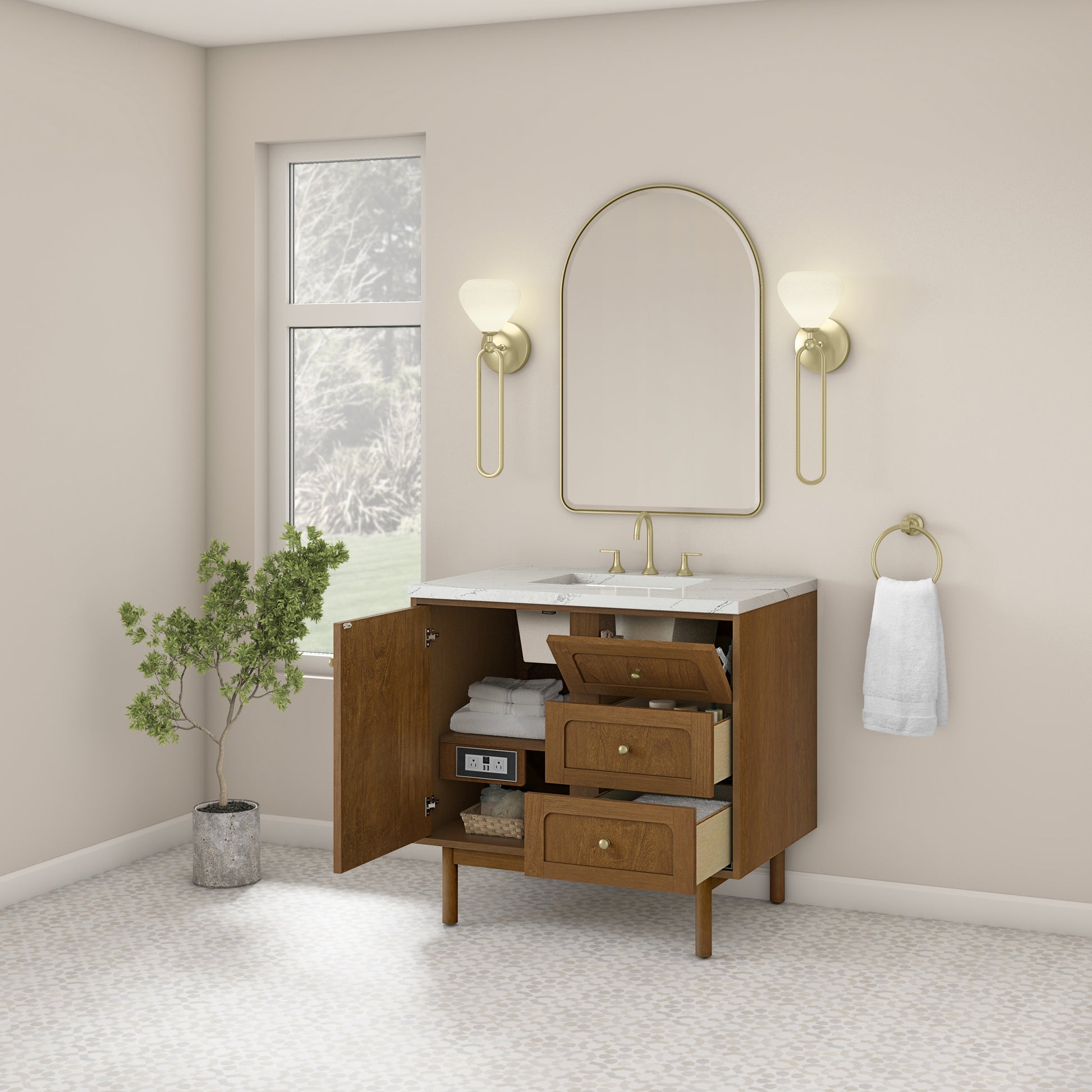 Renovate for Less Atlanta Laurent 36" Single Vanity, Honey Oak w/ 3 CM Ethereal Noctis Silestone Top