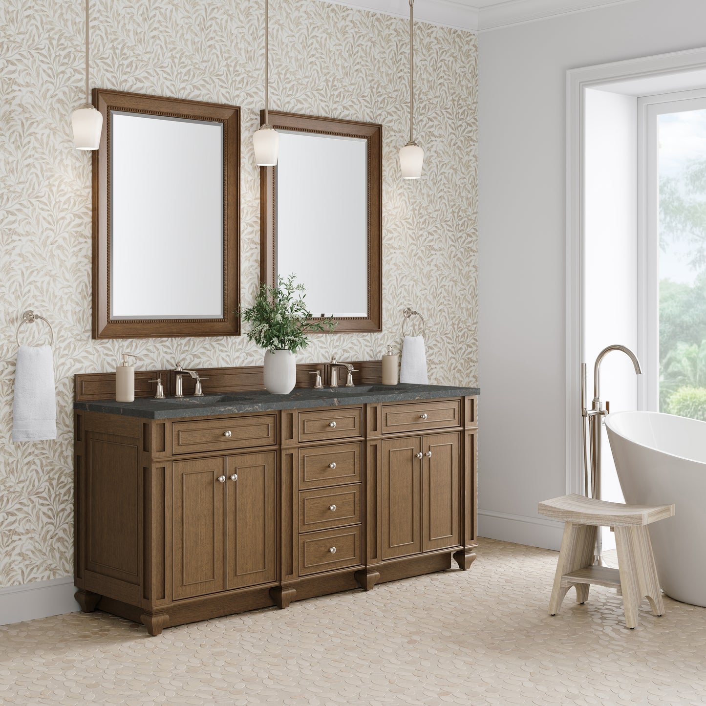 Renovate for Less Atlanta Bristol 72" Double Vanity, Saddle Brown w/ 3 CM Parisien Bleu Silestone Top