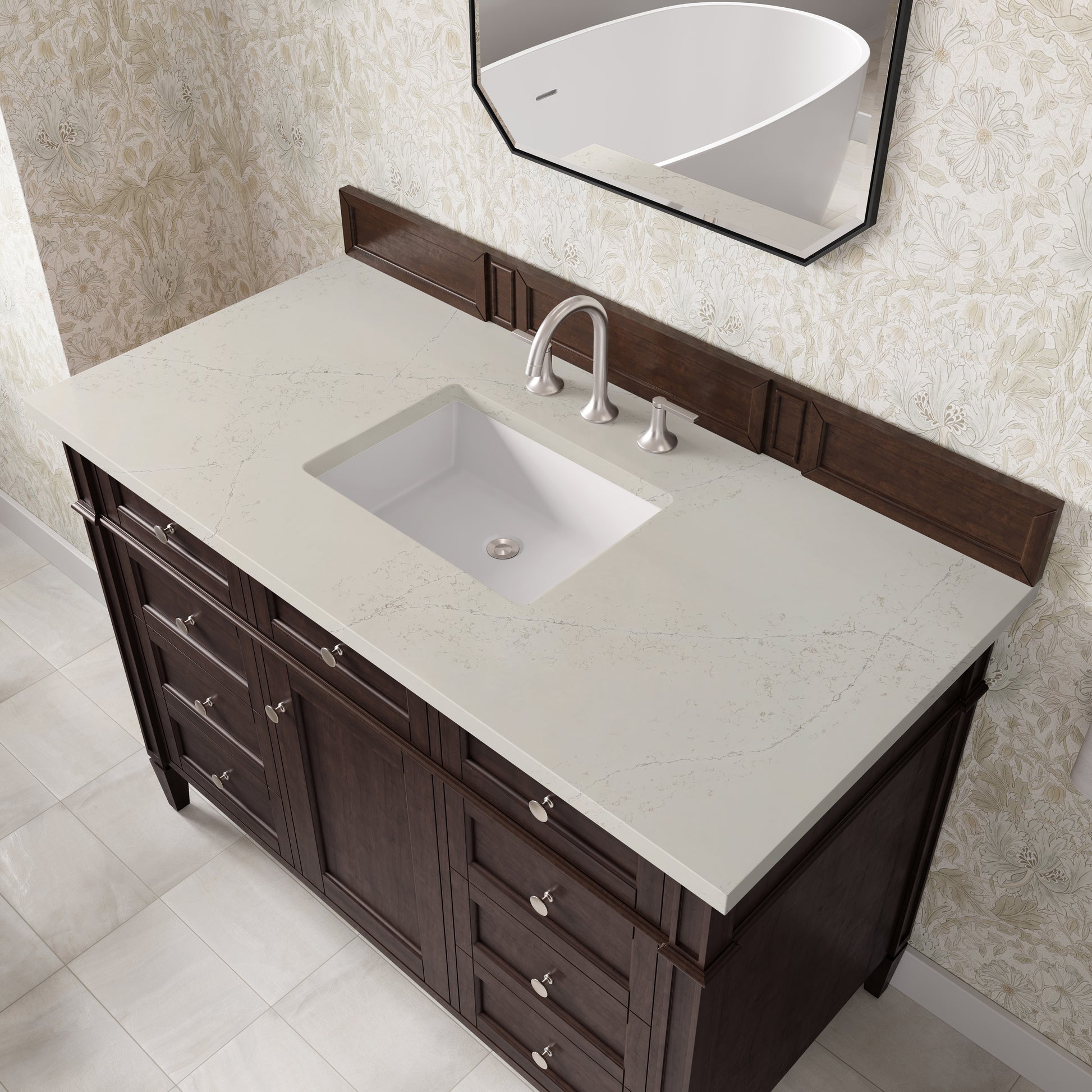 Renovate for Less Atlanta Brittany 48" Single Vanity, Burnished Mahogany, w/ 3 CM Siberian Silestone Top