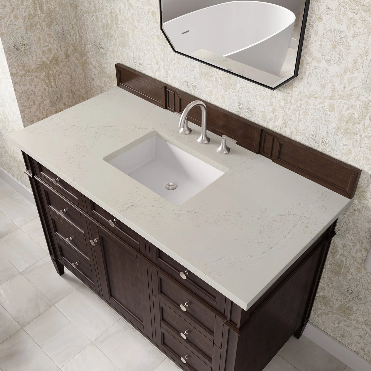 Brittany 48" Single Vanity, Burnished Mahogany, w/ 3 CM Siberian Silestone Top