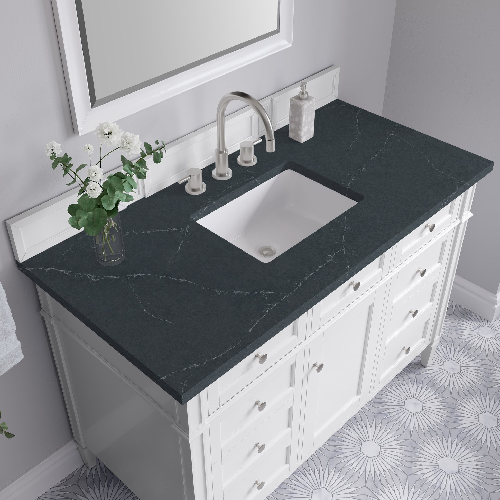 Renovate for Less Atlanta Brittany 48" Single Vanity, Bright White w/ 3 CM Charcoal Soapstone Silestone Top