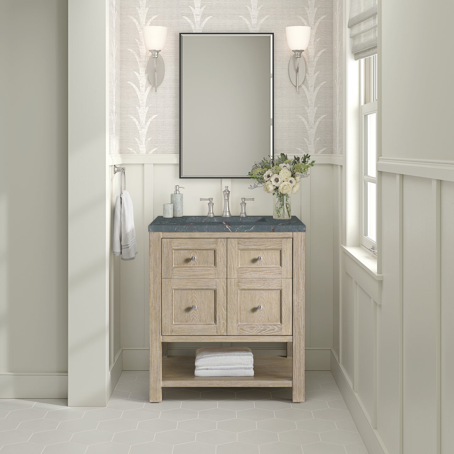 Renovate for Less Atlanta Breckenridge 30" Single Vanity, Whitewashed Oak w/ 3 CM Parisien Bleu Silestone Top