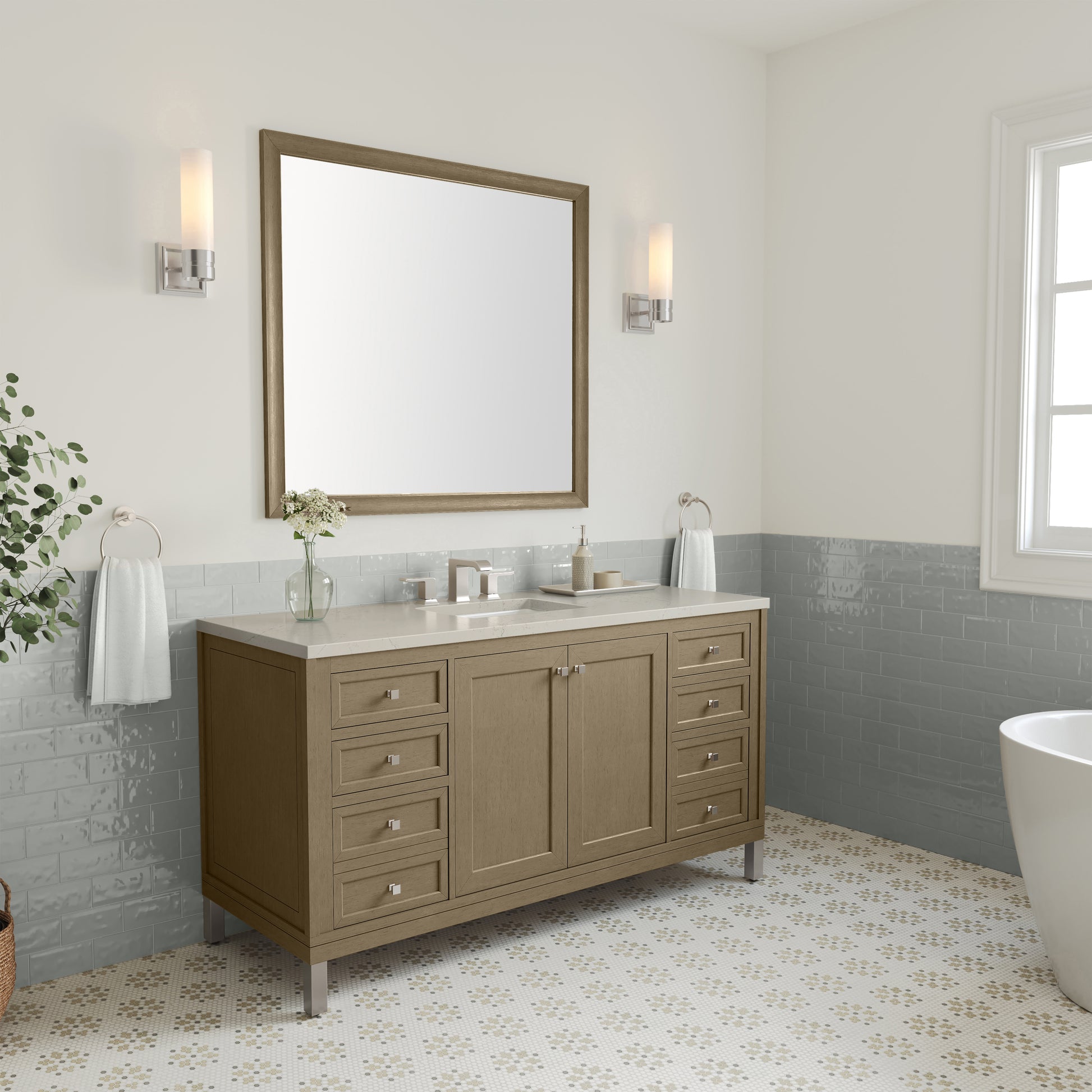 Renovate for Less Atlanta Chicago 60" Single Vanity, Walnut Whisper, w/ 3 CM Siberian Silestone Top