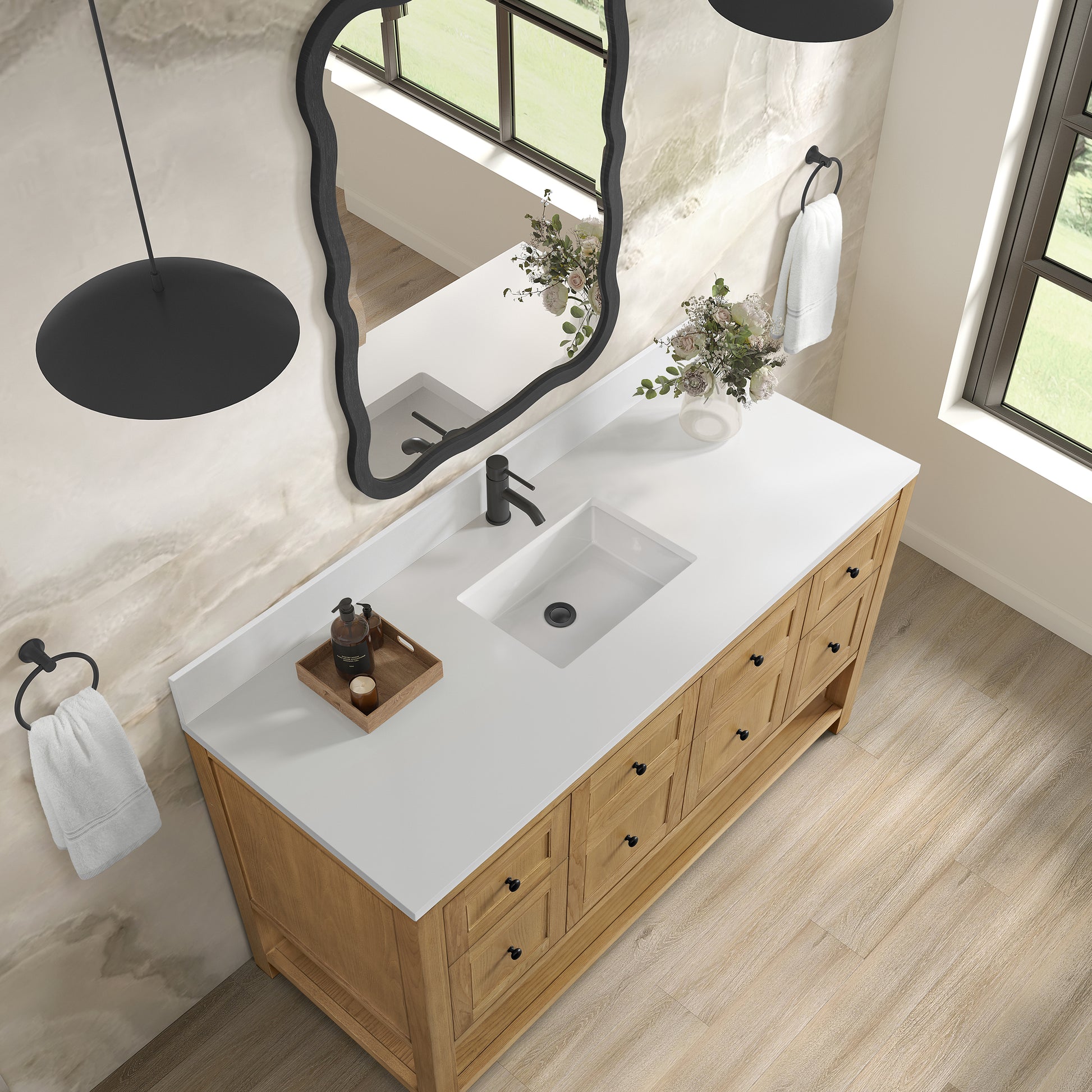 Renovate for Less Atlanta Breckenridge 60" Single Vanity, Light Natural Oak, w/ Single Hole 3 CM White Zeus Quartz Top & Backsplash