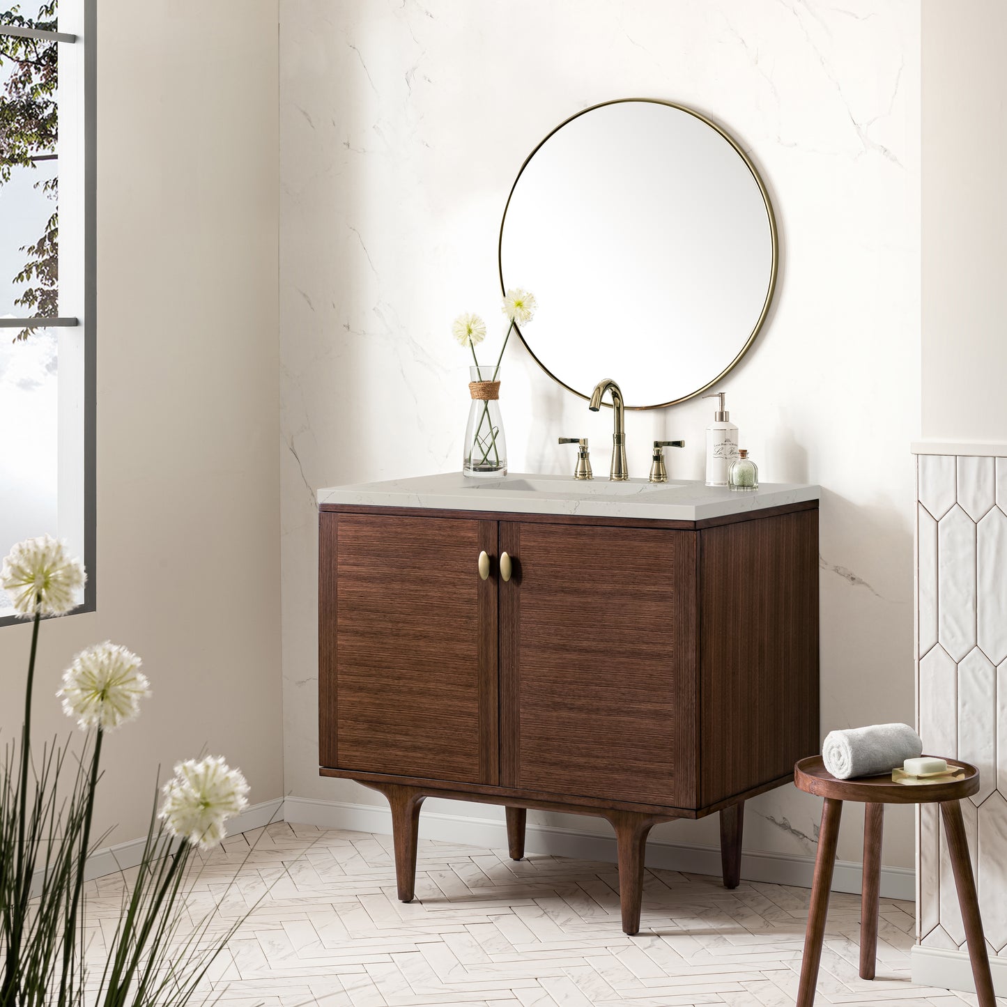 Renovate for Less Atlanta Amberly 36" Single Vanity, Mid-Century Walnut, w/ 3 CM Siberian Silestone Top