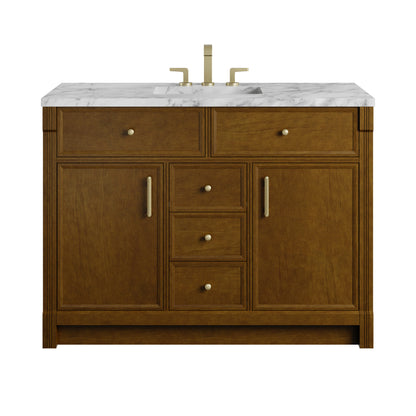 Renovate for Less Atlanta Bellshire 48" Single Vanity, Honey Oak w/ 3 CM Carrara Marble Top