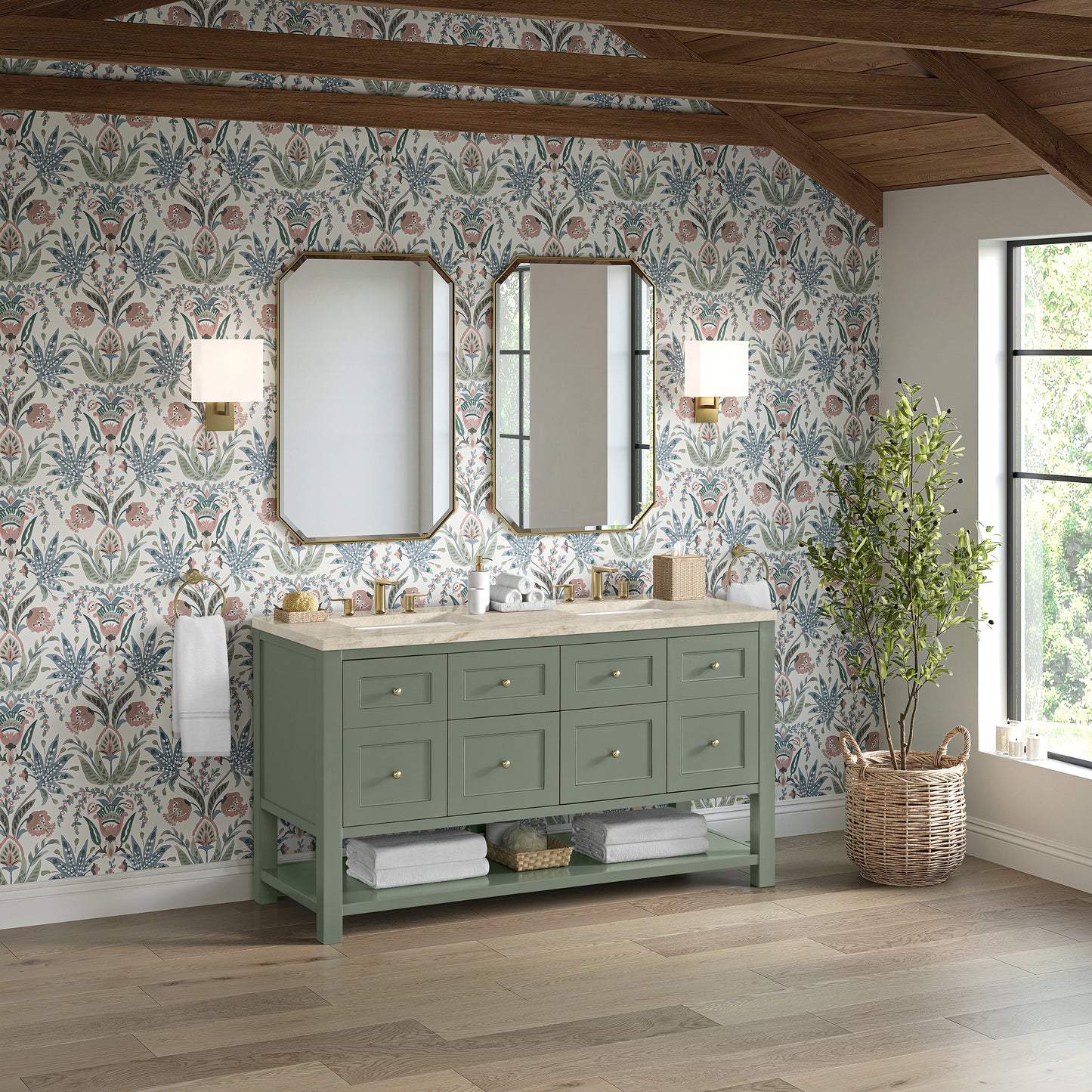Renovate for Less Atlanta Breckenridge 60" Double Vanity, Smokey Celadon, w/ 3 CM Tajnar Eclos Top w/FreePower Wireless Charger