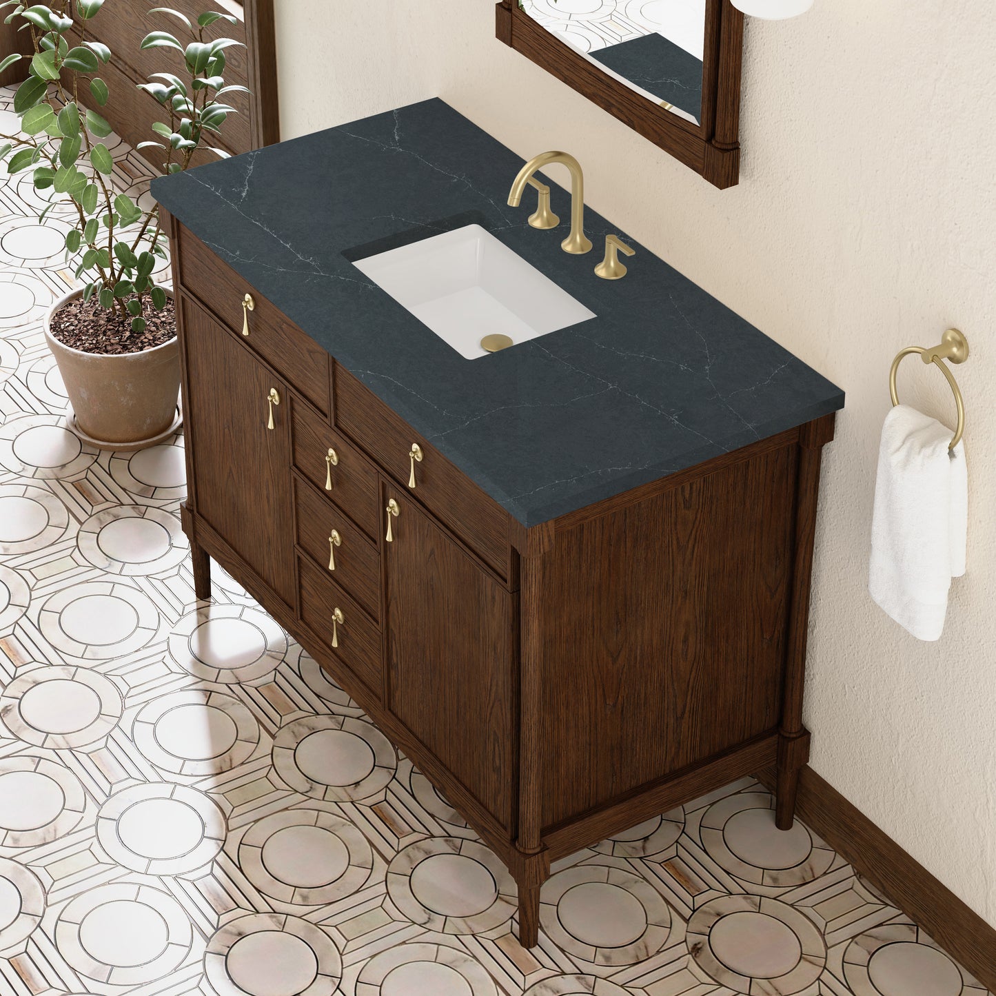 Renovate for Less Atlanta Kinnsden 48" Single Vanity, Sable Oak w/ 3 CM Charcoal Soapstone Silestone Top