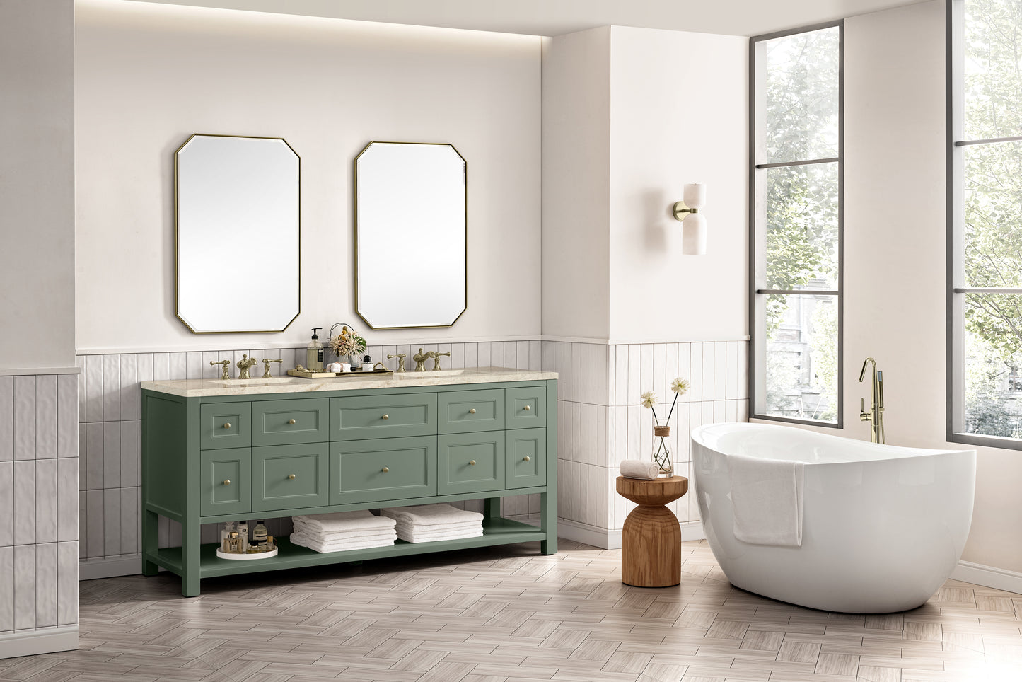 Renovate for Less Atlanta Breckenridge 72" Double Vanity, Smokey Celadon, w/ 3 CM Tajnar Eclos Top w/FreePower Wireless Charger