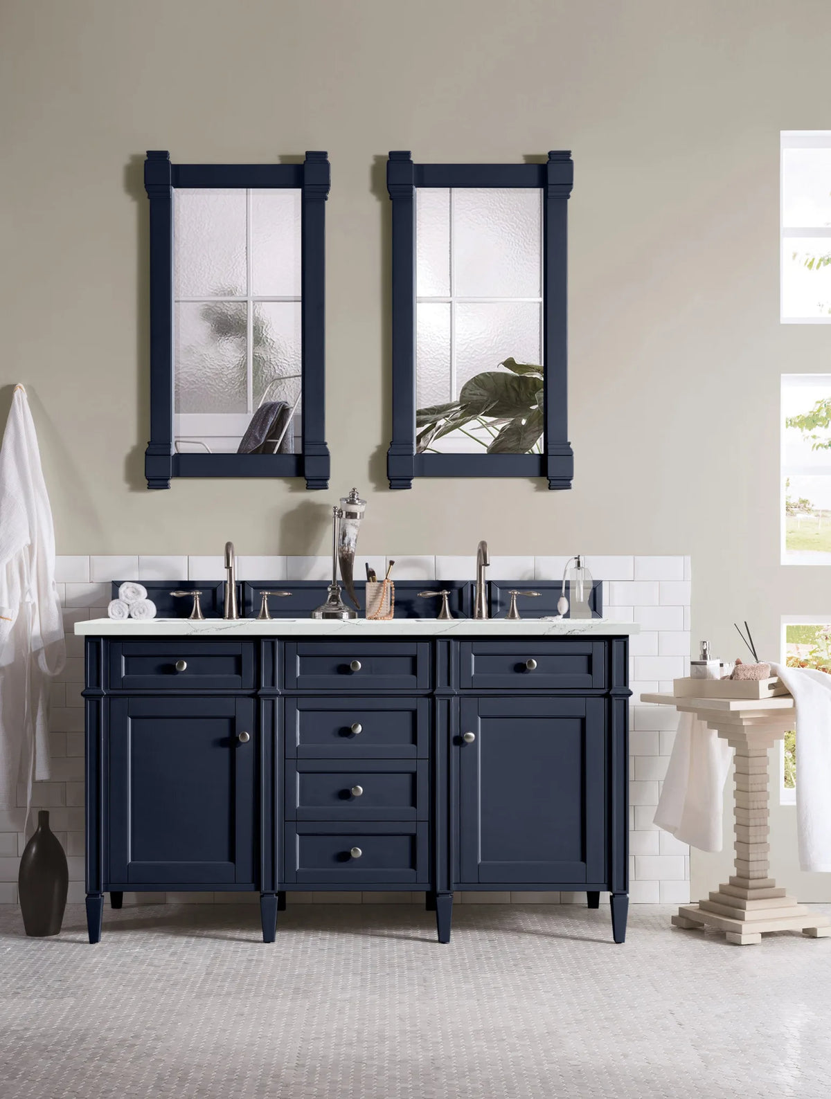Brittany 60" Double Vanity, Victory Blue w/ 3 CM Ethereal Noctis Silestone Top w/FreePower Wireless Charger