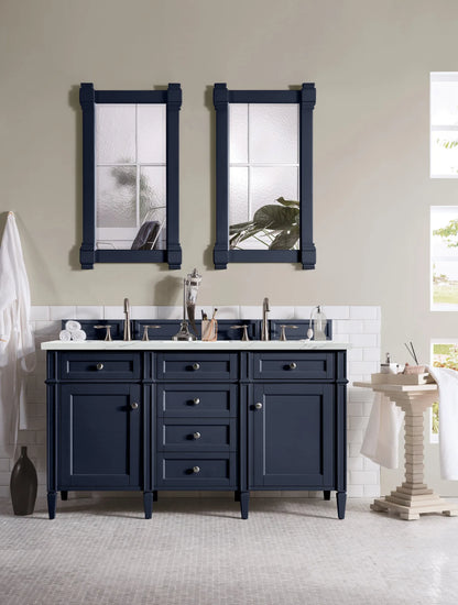 Brittany 60" Double Vanity, Victory Blue w/ 3 CM Ethereal Noctis Silestone Top w/FreePower Wireless Charger