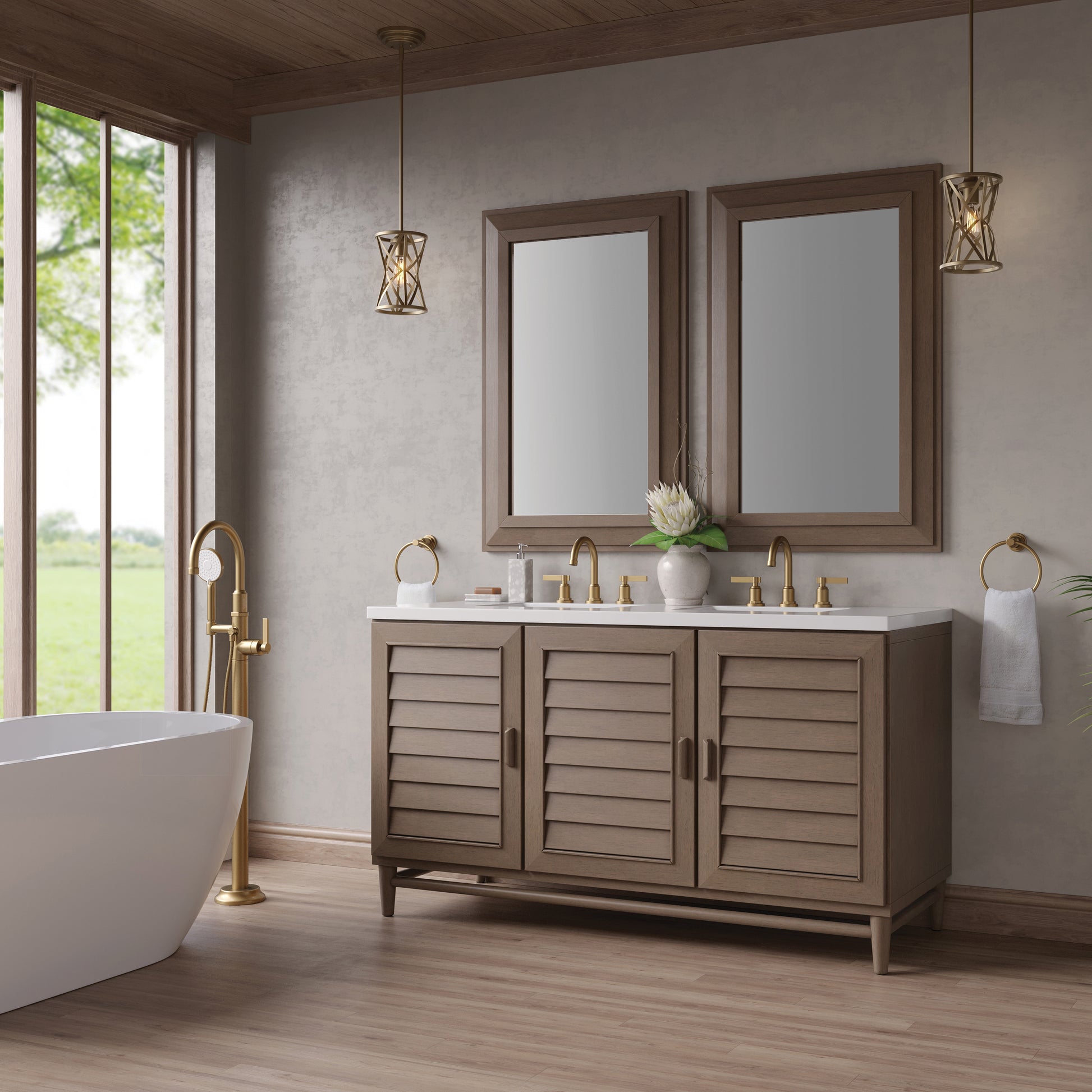 Renovate for Less Atlanta Portland 60" Double Vanity Whitewashed Walnut w/ 3 CM White Zeus Silestone Top