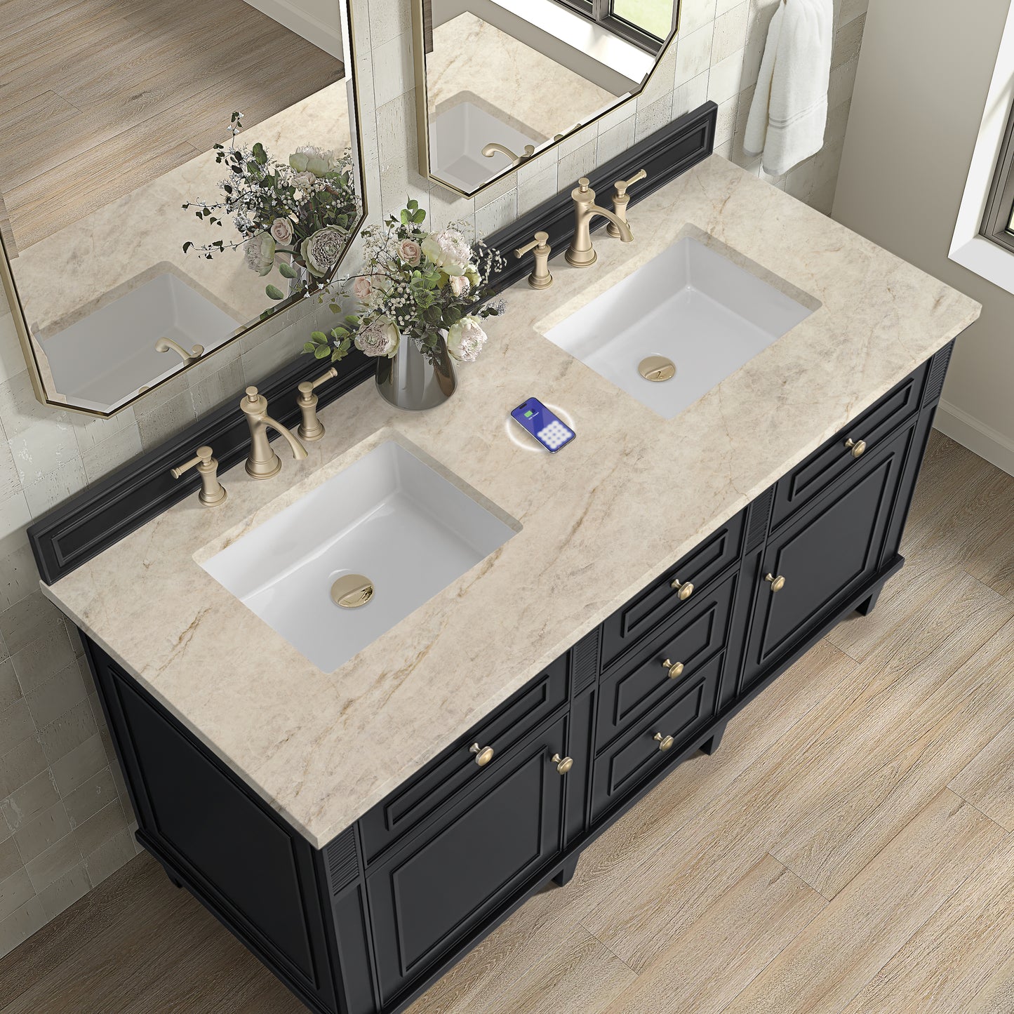 Renovate for Less Atlanta Lorelai 60" Double Vanity, Black Onyx, w/ 3 CM Tajnar Eclos Top w/FreePower Wireless Charger
