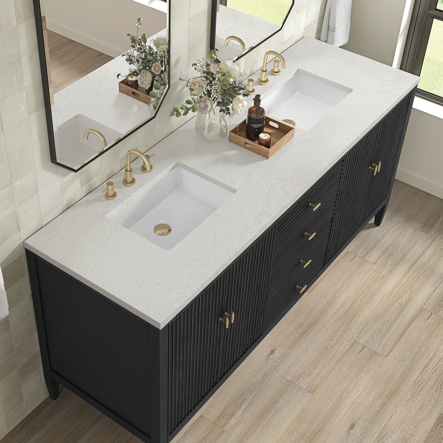 Renovate for Less Atlanta Myrrin 72" Double Vanity, Carbon Oak w/ 3 CM Lime Delight Silestone Top