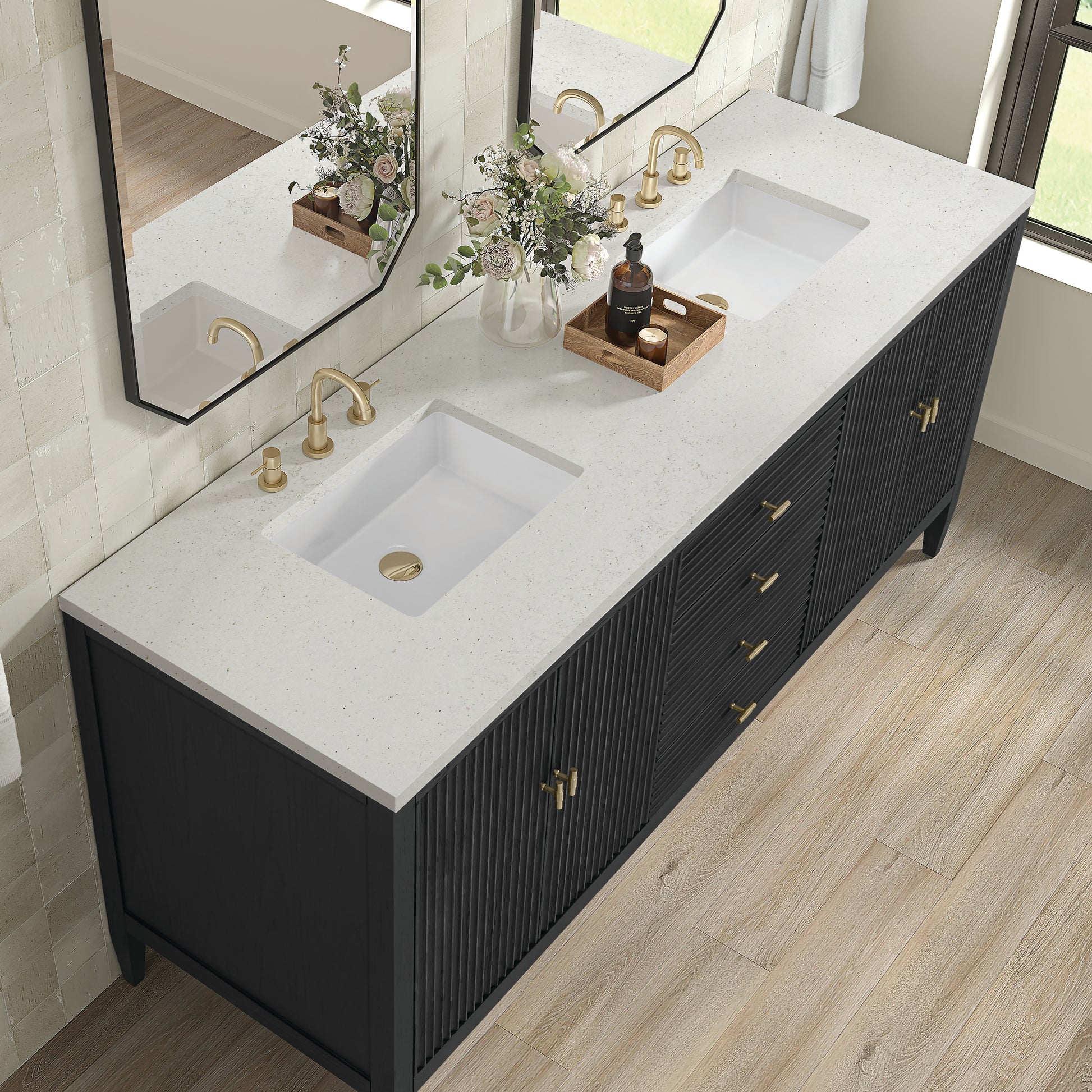 Renovate for Less Atlanta Myrrin 72" Double Vanity, Carbon Oak w/ 3 CM Lime Delight Silestone Top