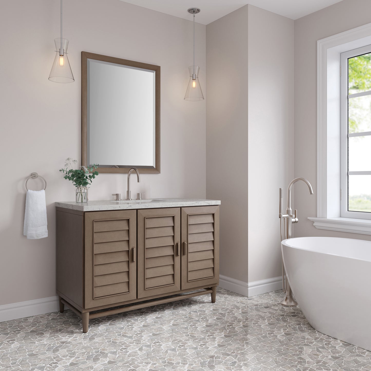Renovate for Less Atlanta Portland 48" Single Vanity Whitewashed Walnut w/ 3 CM Eternal Jasmine Pearl Silestone Top w/FreePower Wireless Charger
