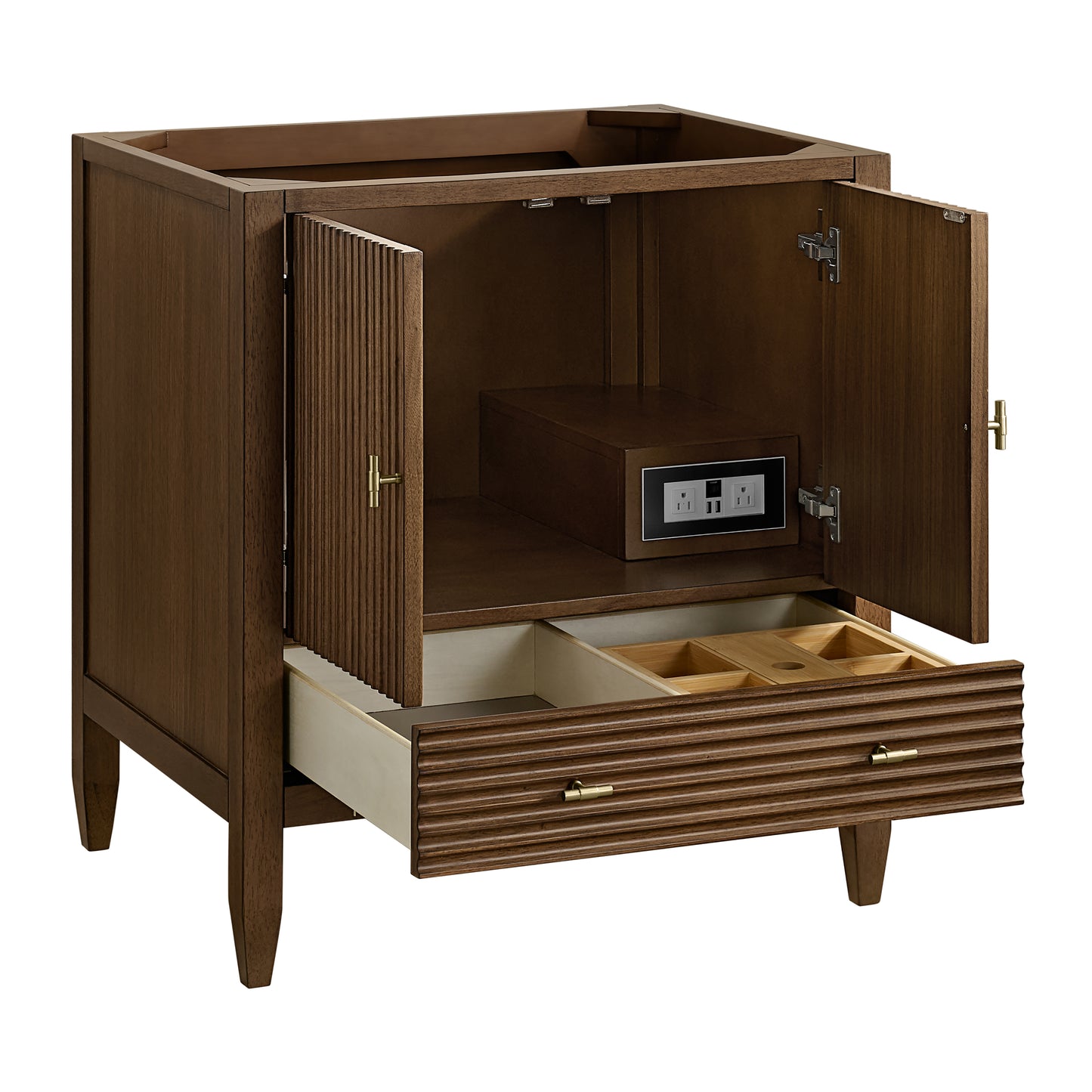 Renovate for Less Atlanta Myrrin 30" Single Vanity, Mid-Century Walnut w/ 3 CM Eternal Jasmine Pearl Silestone Top