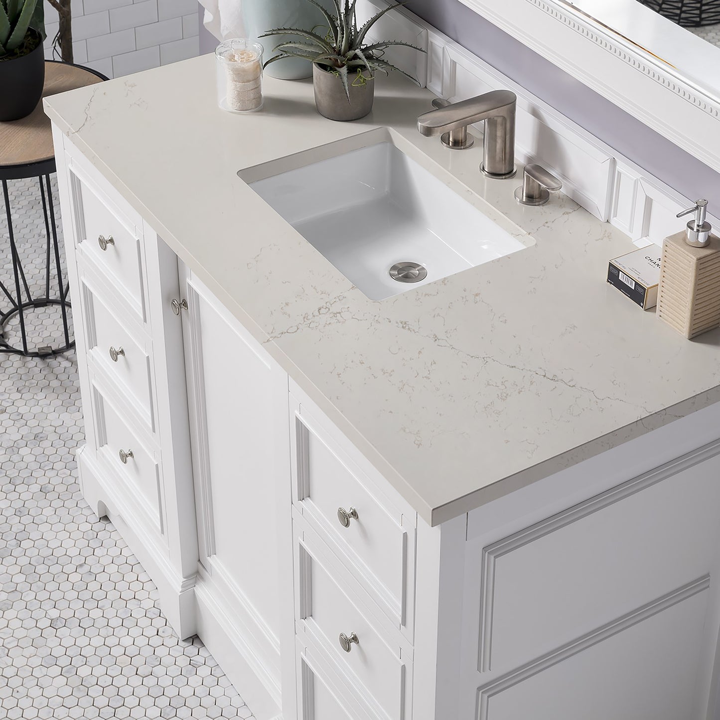 Renovate for Less Atlanta De Soto 48" Single Vanity, Bright White, w/ 3 CM Siberian Silestone Top