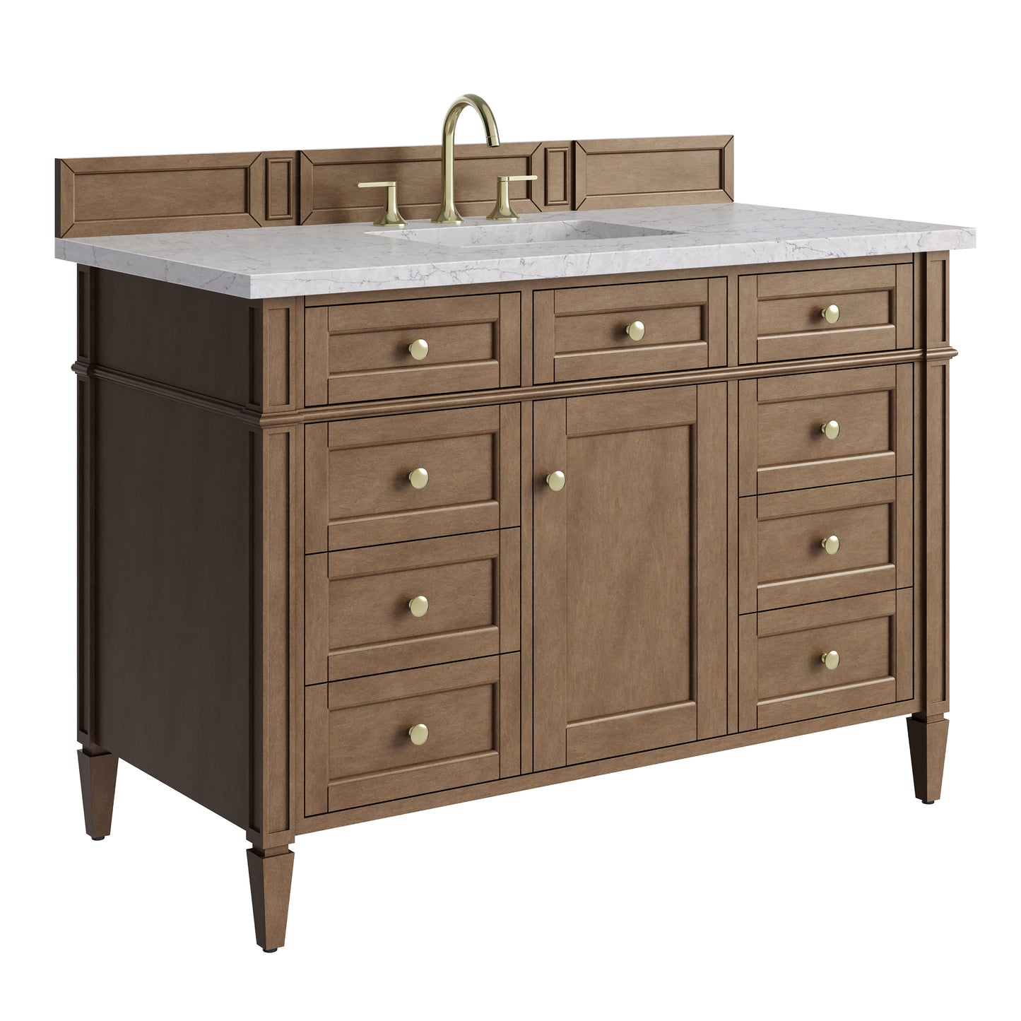 Renovate for Less Atlanta Brittany 48" Single Vanity, Pecan w/ 3 CM Eternal Jasmine Pearl Silestone Top w/FreePower Wireless Charger