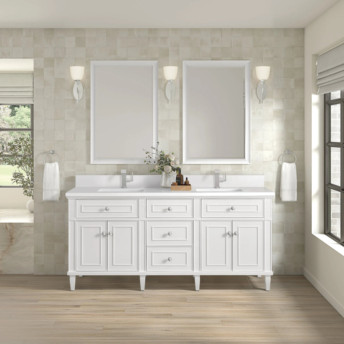 Lorelai 72" Double Vanity, Bright White w/ Single Hole 3 CM White Zeus Silestone Top & Backsplash