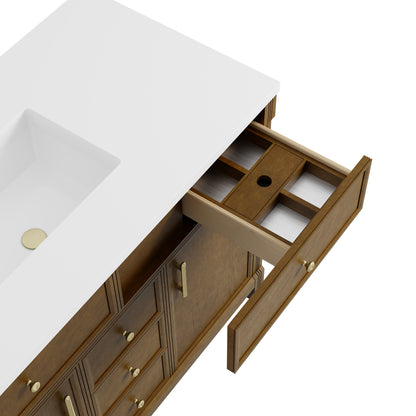 Renovate for Less Atlanta Bellshire 120" Dual Vanity Set with 24" Make-Up Counter, Honey Oak w/3 cm Tajnar Eclos Top