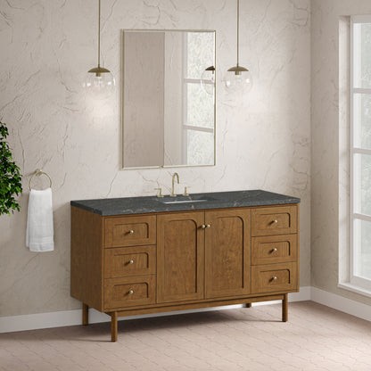 Renovate for Less Atlanta Laurent 60" Single Vanity, Honey Oak w/ 3 CM Parisien Bleu Silestone Top