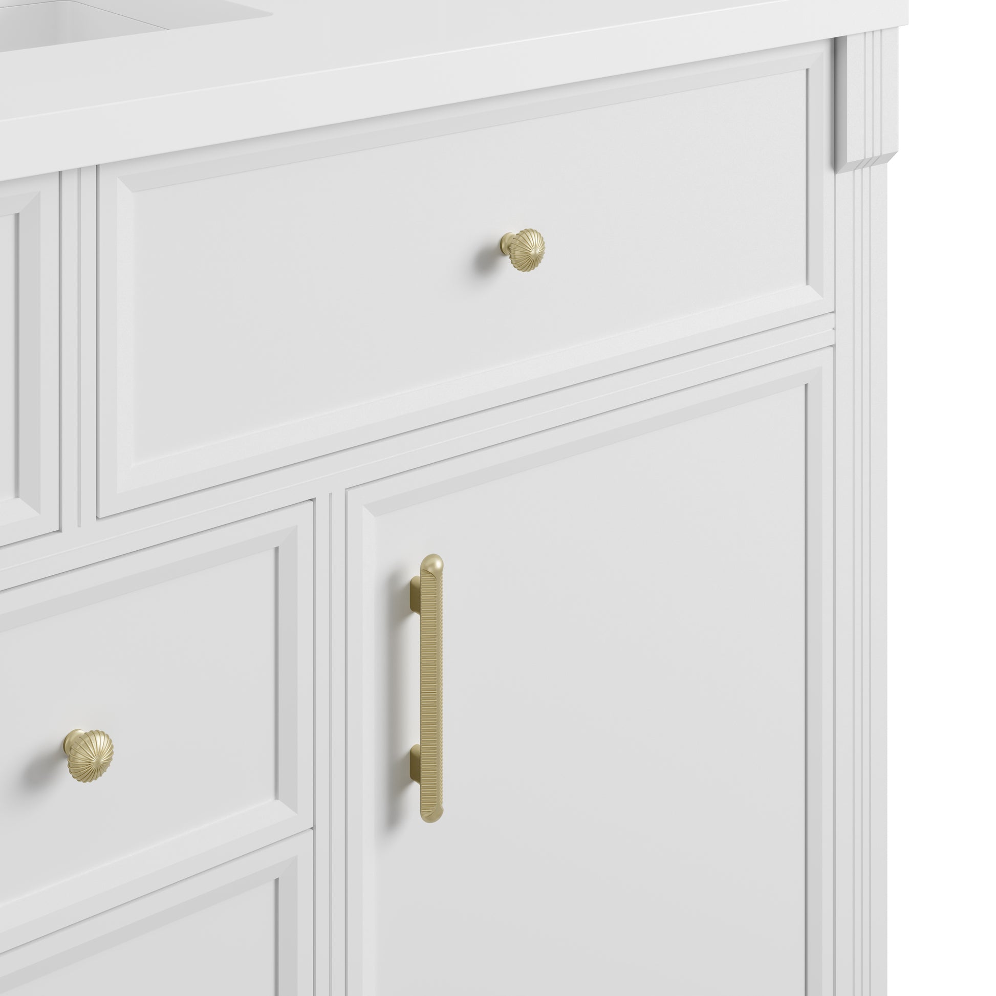 Renovate for Less Atlanta Bellshire 120" Dual Vanity Set with 24" Make-Up Counter, Bright White w/3 cm Lime Delight Silestone Top