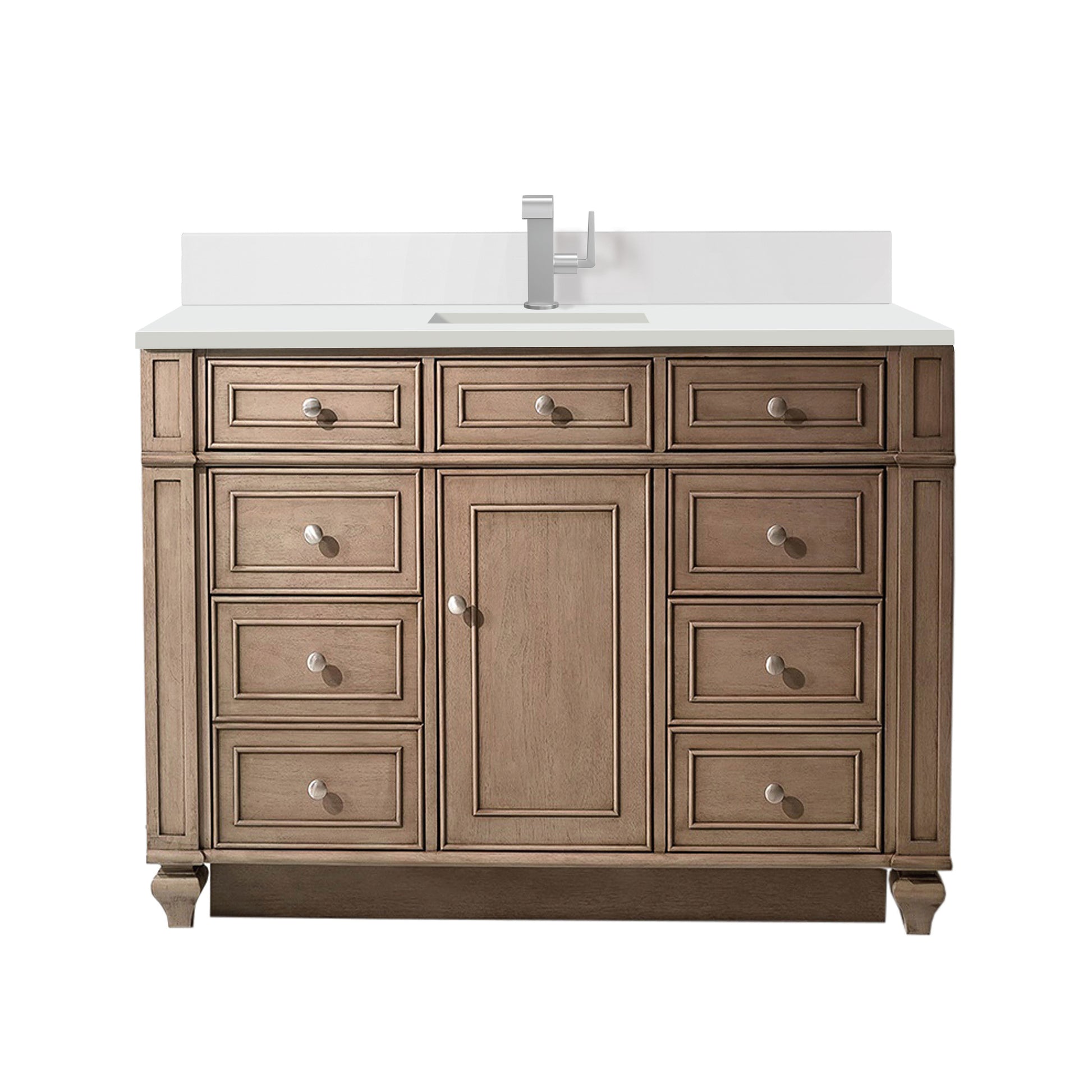 Renovate for Less Atlanta Bristol 48" Single Vanity, Whitewashed Walnut w/ Single Hole 3 CM White Zeus Silestone Top & Backsplash