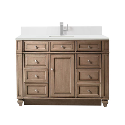 Renovate for Less Atlanta Bristol 48" Single Vanity, Whitewashed Walnut w/ Single Hole 3 CM White Zeus Silestone Top & Backsplash