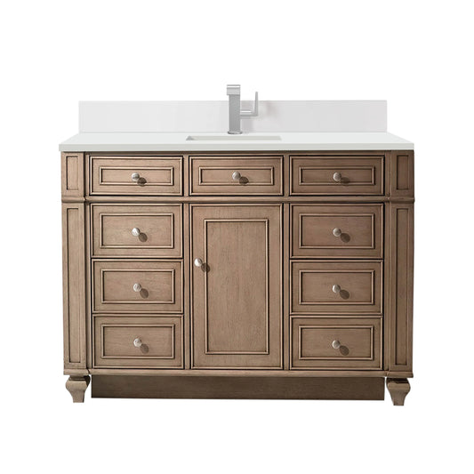 Bristol 48" Single Vanity, Whitewashed Walnut w/ Single Hole 3 CM White Zeus Silestone Top & Backsplash