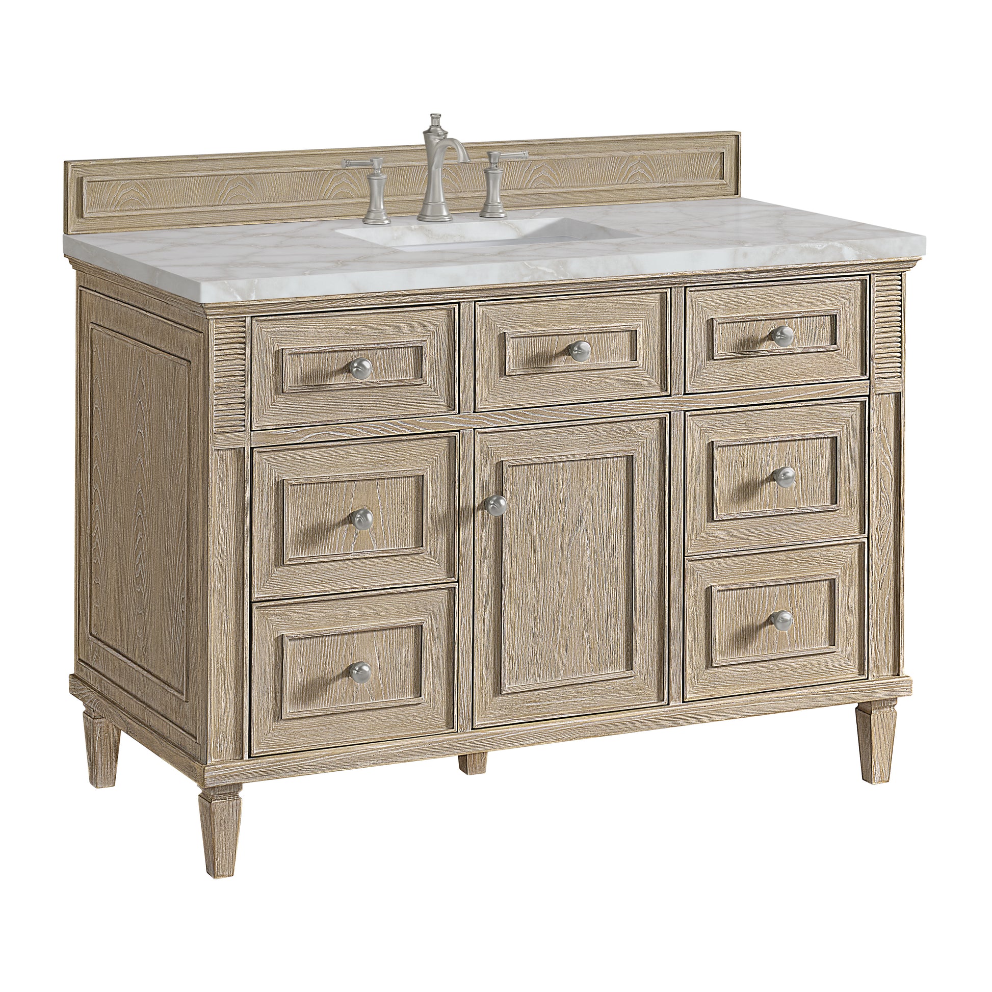 Renovate for Less Atlanta Lorelai 48" Single Vanity, Whitewashed Oak w/ 3 CM Victorian Silver Silestone Top w/FreePower Wireless Charger