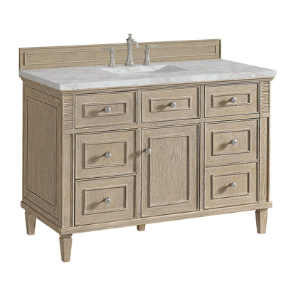 Renovate for Less Atlanta Lorelai 48" Single Vanity, Whitewashed Oak w/ 3 CM Victorian Silver Silestone Top w/FreePower Wireless Charger