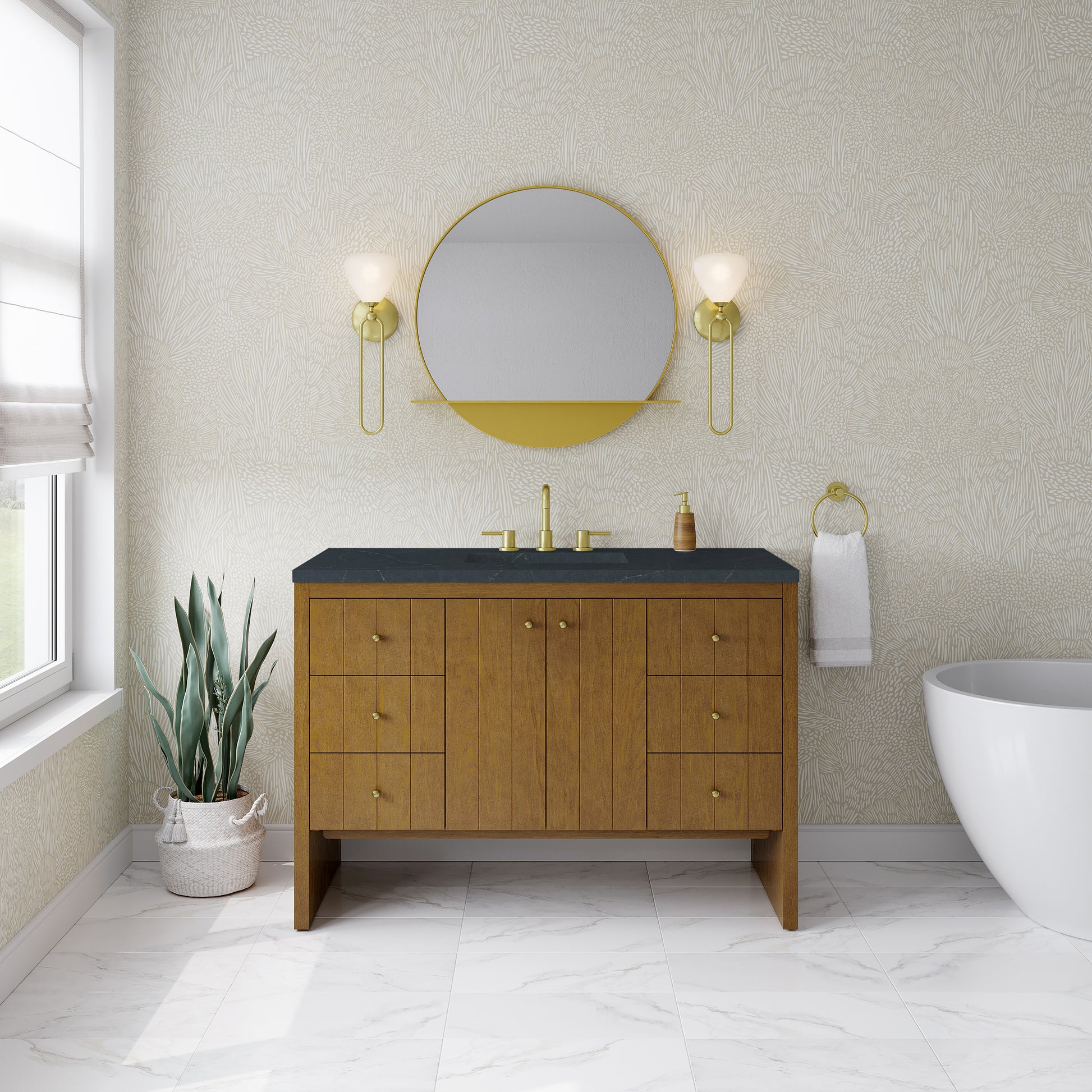 Renovate for Less Atlanta Hudson 48" Single Vanity, Honey Oak w/ 3 CM Charcoal Soapstone Silestone Top