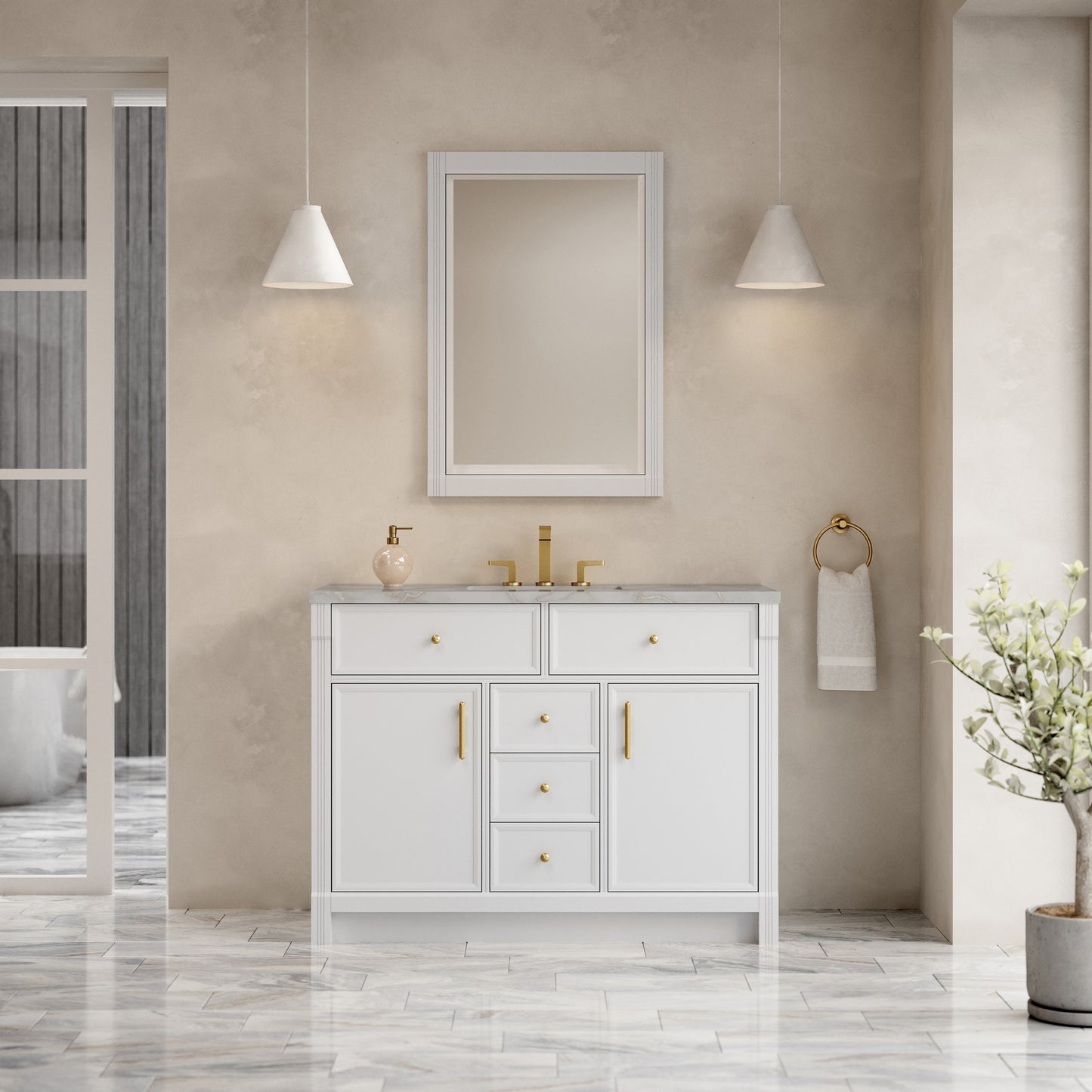 Renovate for Less Atlanta Bellshire 48" Single Vanity, Bright White w/ 3 CM Victorian Silver Silestone Top w/FreePower Wireless Charger