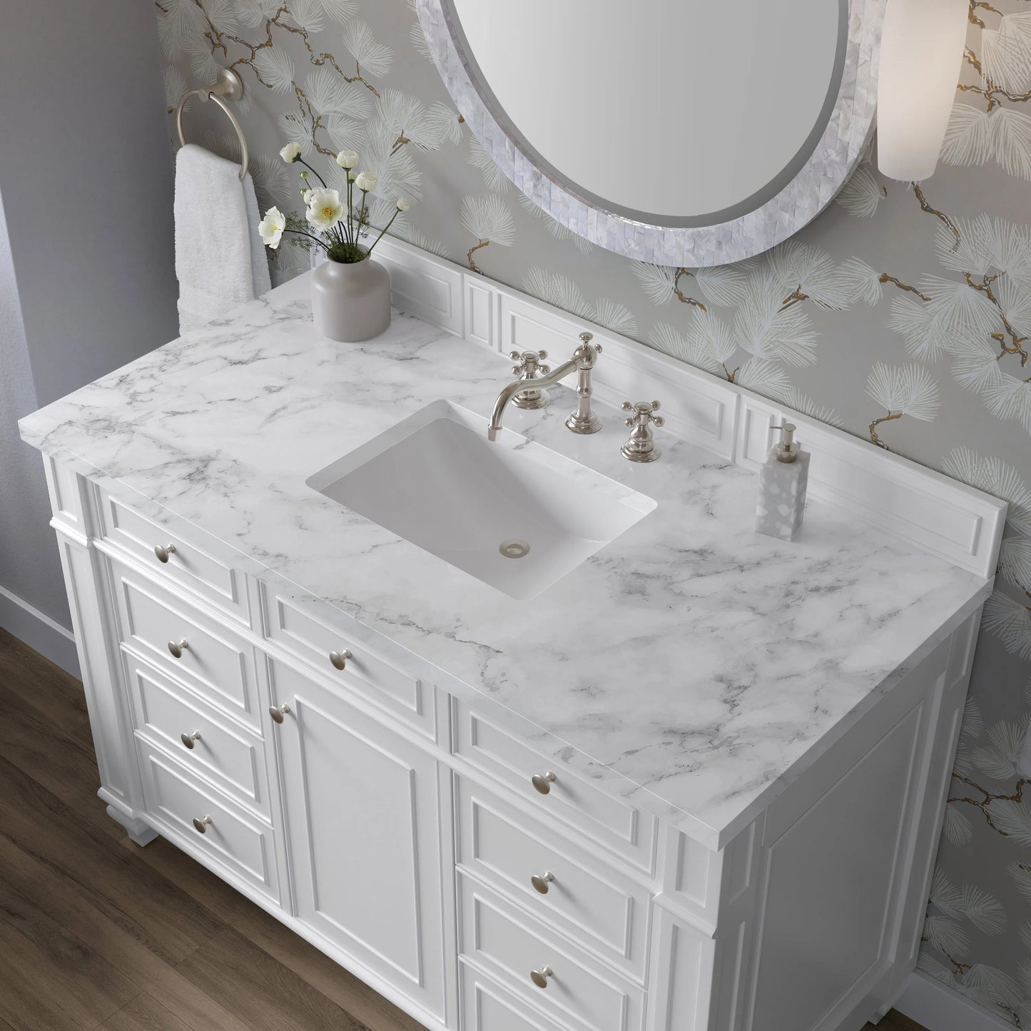 Bristol 48" Single Vanity, Bright White w/ 3 CM Carrara Marble Top