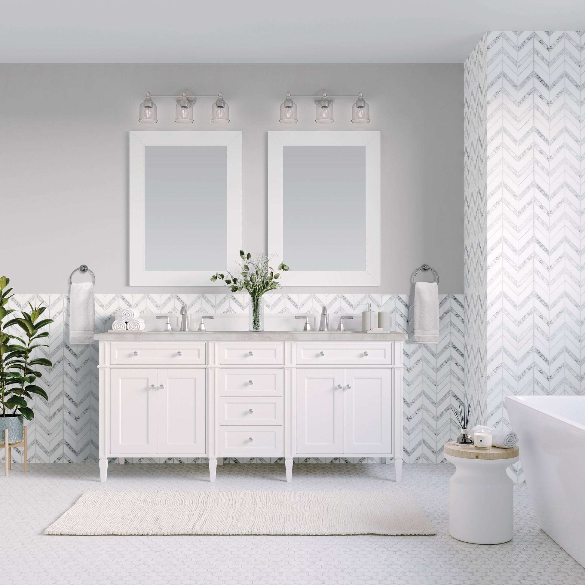 Renovate for Less Atlanta Brittany 60" Double Vanity, Bright White Vanity w/ 3 CM Victorian Silver Silestone Top w/FreePower Wireless Charger
