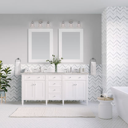 Renovate for Less Atlanta Brittany 60" Double Vanity, Bright White Vanity w/ 3 CM Victorian Silver Silestone Top w/FreePower Wireless Charger