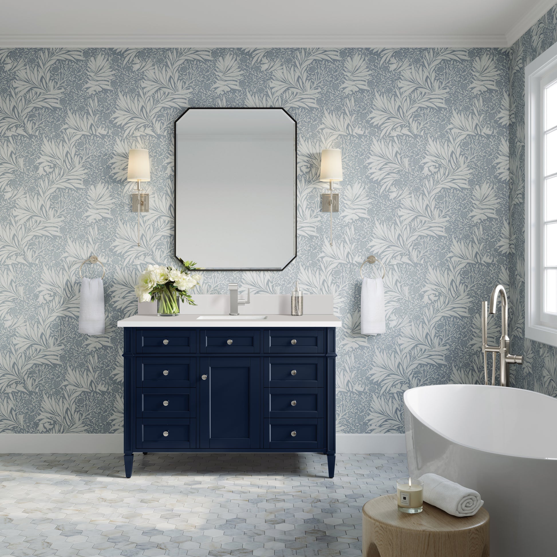 Renovate for Less Atlanta Brittany 48" Single Vanity, Victory Bleu w/ Single Hole 3 CM White Zeus Silestone Top & Backsplash