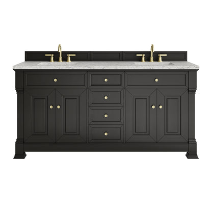 Renovate for Less Atlanta Brookfield 72" Double Vanity, Black Onyx w/ 3 CM Eternal Jasmine Pearl Silestone Top w/ FreePower Wireless Charger