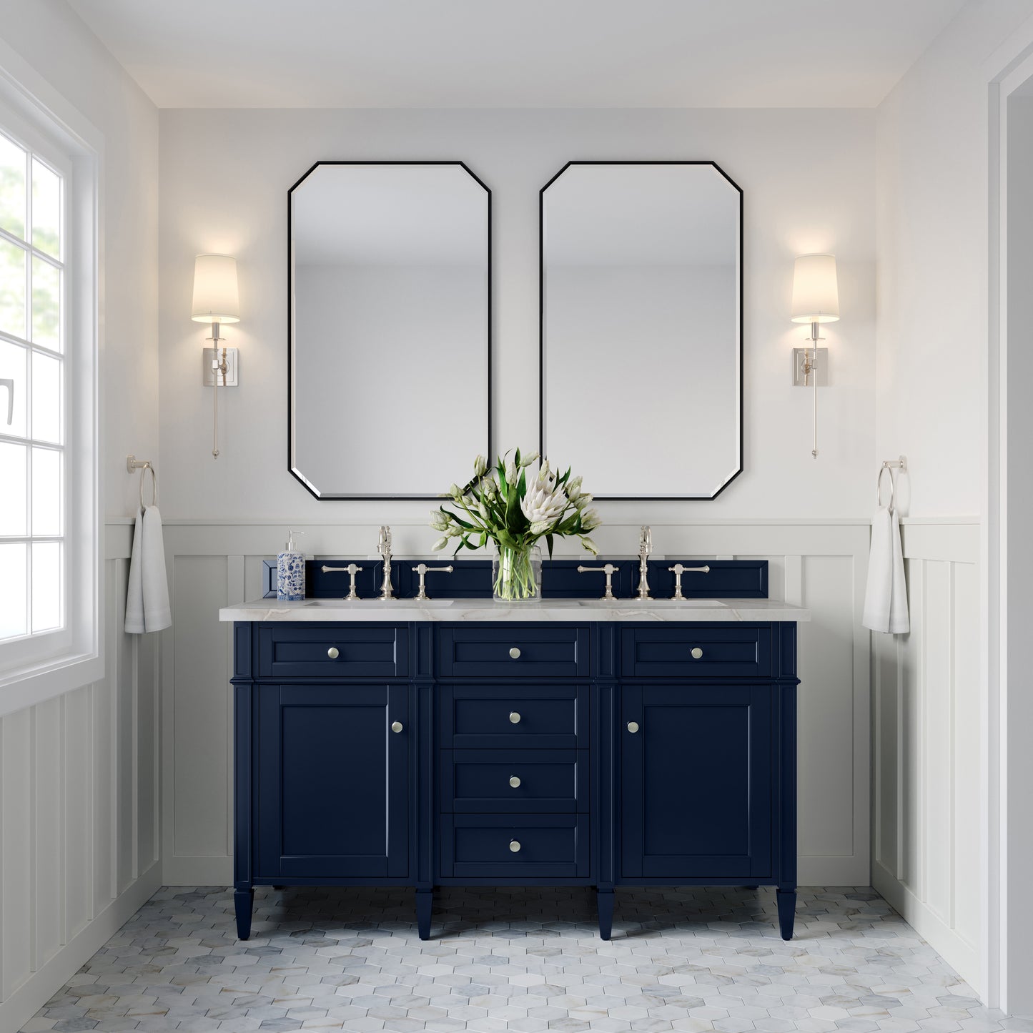 Renovate for Less Atlanta Brittany 60" Double Vanity, Victory Bleu w/ 3 CM Victorian Silver Silestone Top