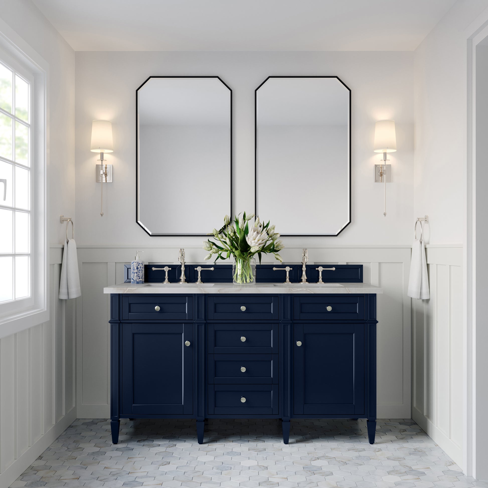 Renovate for Less Atlanta Brittany 60" Double Vanity, Victory Bleu w/ 3 CM Victorian Silver Silestone Top
