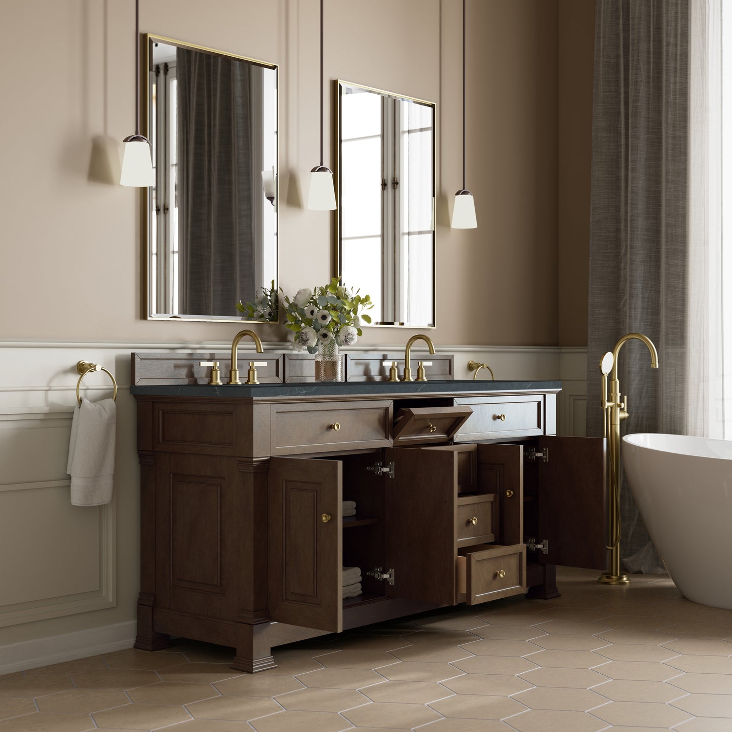 Renovate for Less Atlanta Brookfield 72" Double Vanity, Pecan, w/ 3 CM Charcoal Soapstone Silestone Top